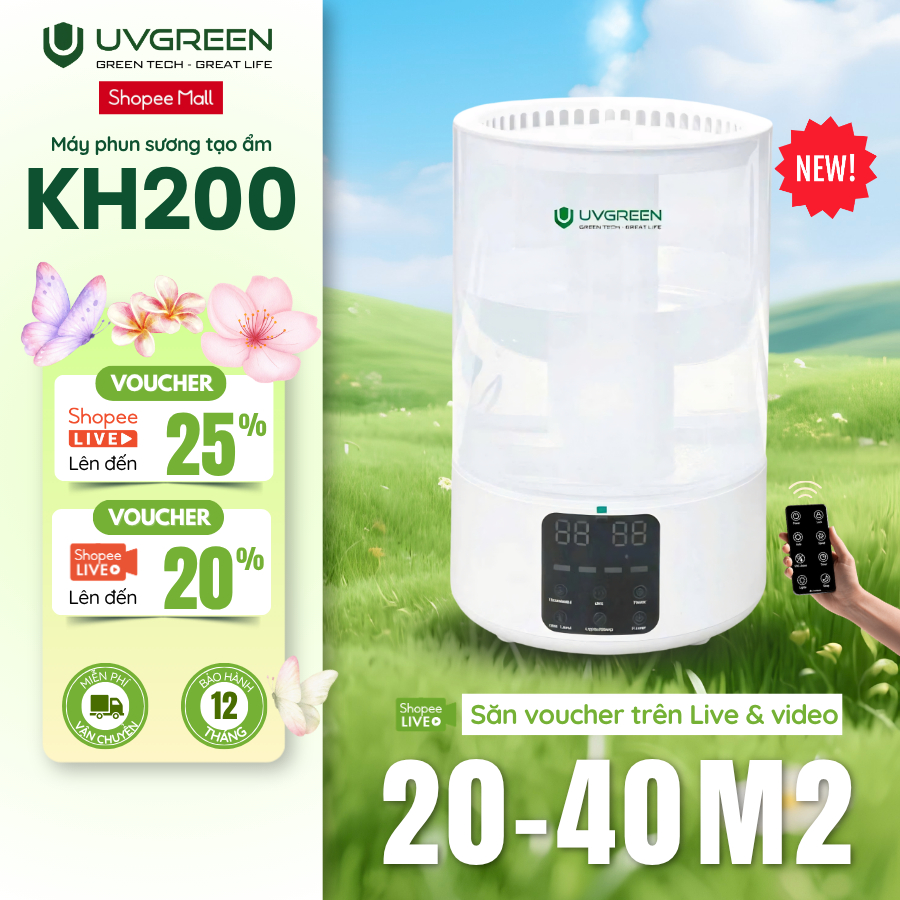 Máy Phun Sương Tạo Ẩm UVGREEN KH200 | Dung tích 5L, Diệt Khuẩn Nước, Xông Tinh Dầu, Phun Sương Mịn