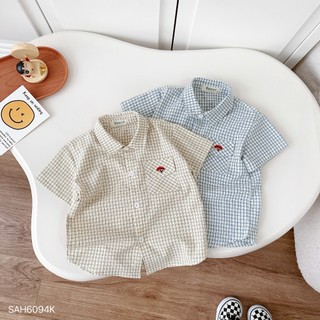 Áo sơ mi cộc tay thô kẻ thêu gấu Beermi chất liệu mềm mát thấm hút mồ hôi cho bé trai 9-27kg
