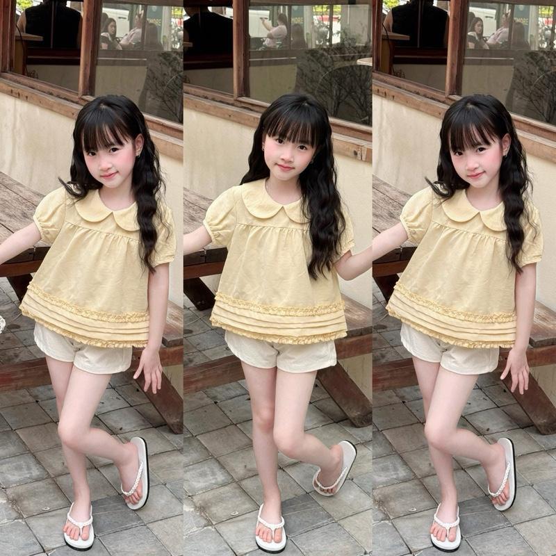 Q24 Sét Vàng, Áo Babydol Cổ Bèo Cộc Tay Kèm Quần Cho Bé Gái, Bộ Đồ Mùa Hè Cho Bé Gái Từ 8-35kg
