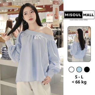 Áo trễ lệch vai dài tay, áo kiểu nữ cổ may đáp vai dúm măng sét 2 cúc Hàn Quốc tiểu thư Misoul 541