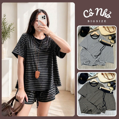 Đồ Bộ Bigsize Nữ Kẻ Sọc Ngang Áo Phồng Mix Quần Đùi Ngắn Mặc Mát Cá Tính Cho Chubby SET866