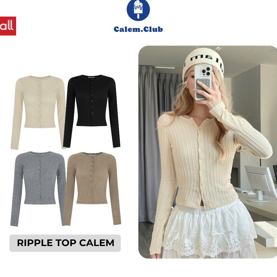 CHÍNH HÃNG Calem Club- Áo thun nữ RIPPLE Calem.Club tay dài vải họa tiết gợn sóng nút gài  thu đông 