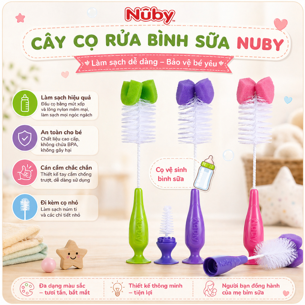 [ 5542 ] Cọ Nuby vệ sinh bình sữa + Kèm cọ nhỏ để rửa núm ty, chân có đế dính