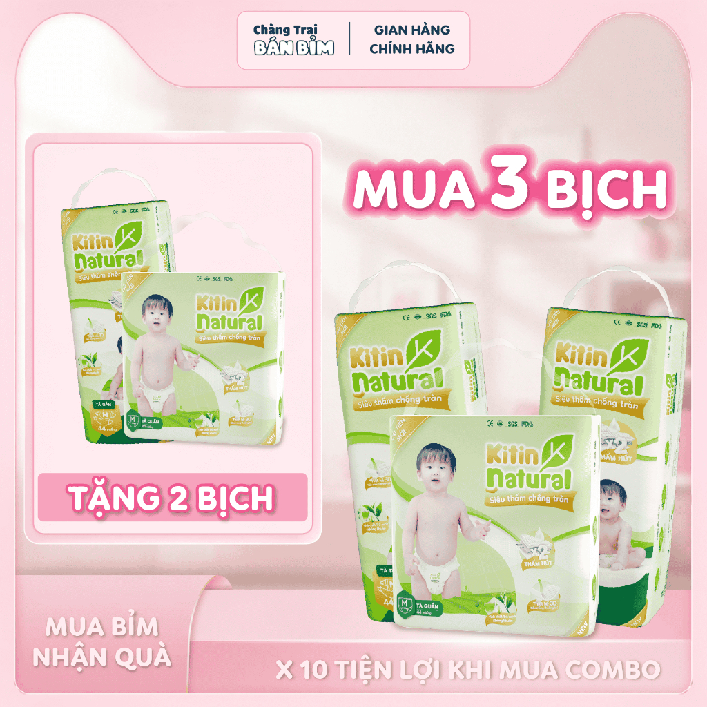 COMBO 5 Bịch Tã/Bỉm KITIN NATURAL Việt Nam Mềm Mỏng, Thấm Hút 1200ml, An toàn lành tính, đủ size NB/L/M/XL/2XL