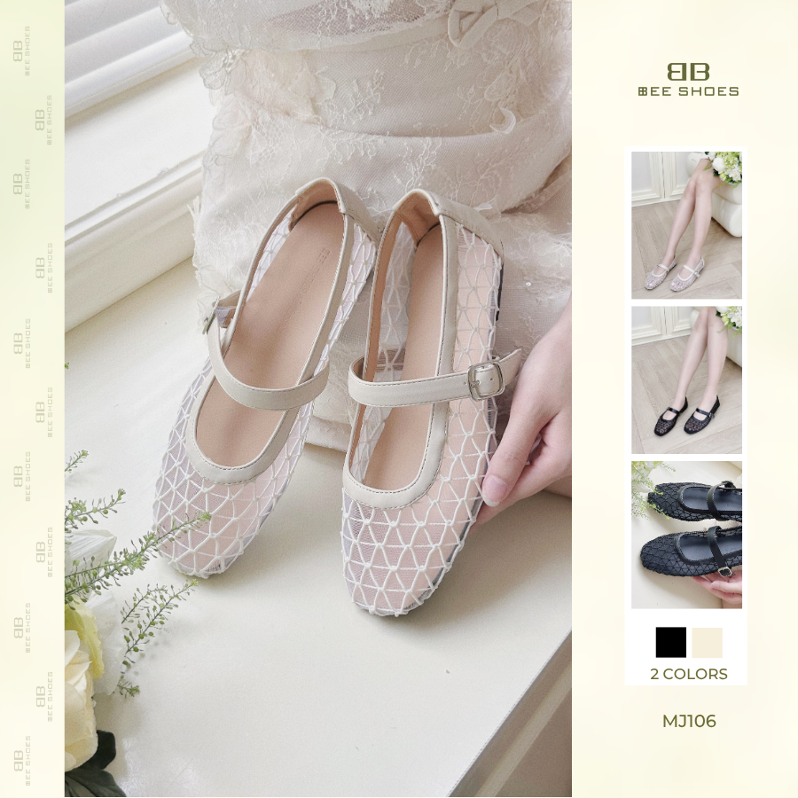 Giày mary jane BEESHOES lưới nữ mũi tròn đế thấp cao 1 phân sẵn màu kem - đen MJ106