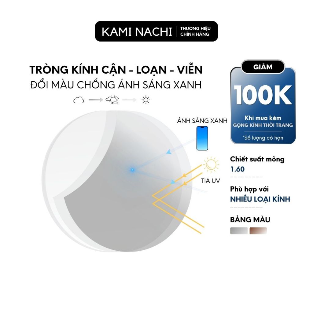 Tròng kính cận loạn đổi màu chống ánh sáng xanh siêu dẻo dai Duramax KAMI NACHI - Xuất xứ Singapore