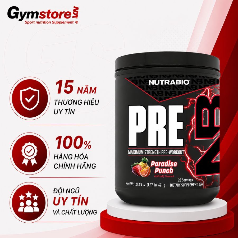 Bột tăng sức mạnh NutraBio Pre-Workout (20 Servings), tăng sức mạnh, pump cơ - Gymstore