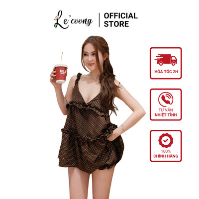 Váy Babydoll Chấm Bi Nâu Be LECOONG V861 Váy Xinh Hai Dây Bèo Đi Biển