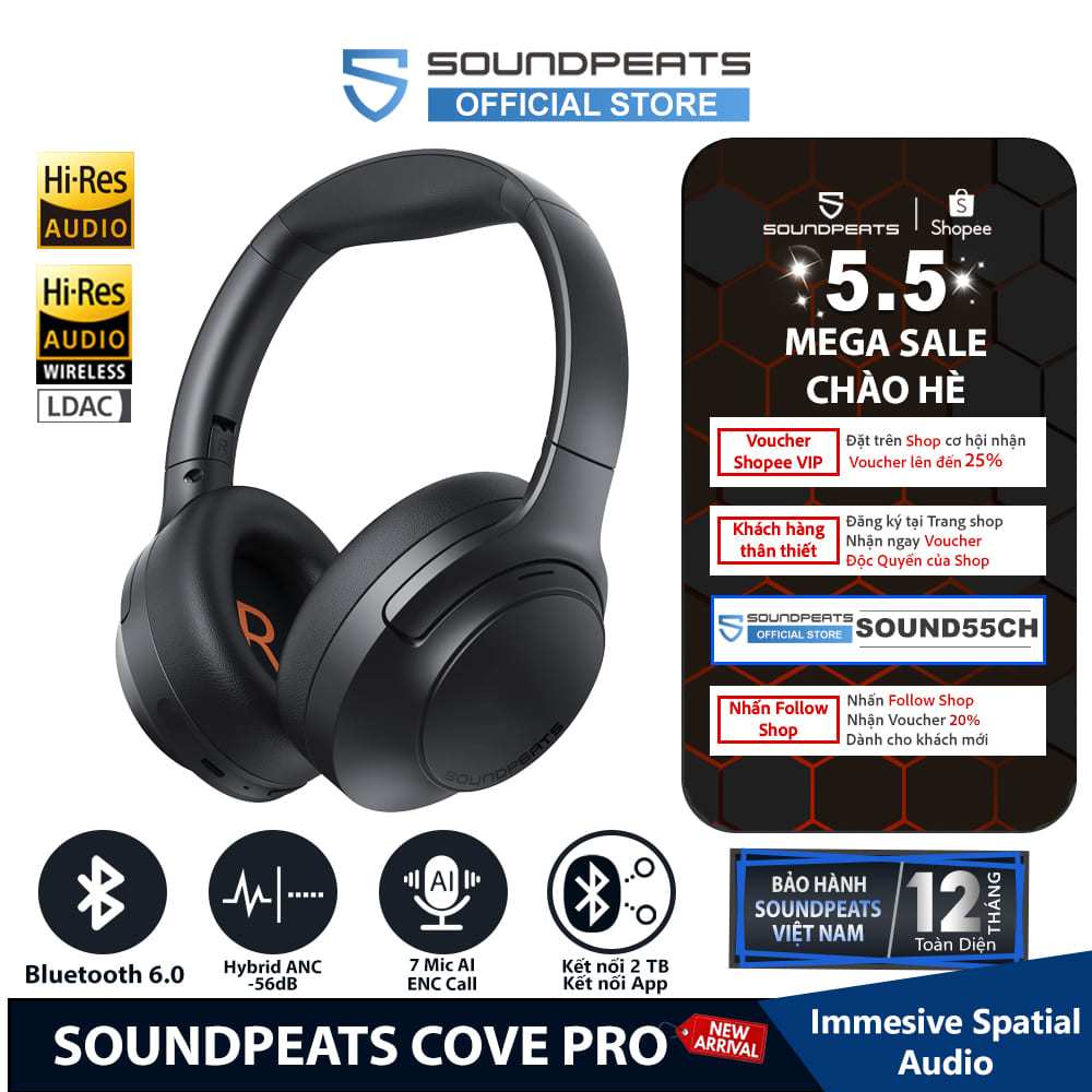 Tai Nghe Chụp Tai Bluetooth SoundPEATS Cove Pro HiresAudio | 7 Mic AI ENC | ANC 56dB | Bluetooth 6.0 | BigBuy360 - bigbuy360.vn