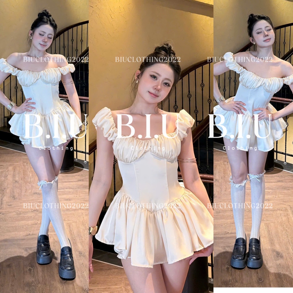 Set áo trễ vai lụa kiểu nhún tà xòe và quần bí sexy hack dáng mát mẻ Lady Set Biu Clothing BB0563 | BigBuy360 - bigbuy360.vn