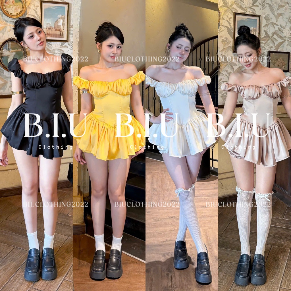 Set áo trễ vai lụa kiểu nhún tà xòe và quần bí sexy hack dáng mát mẻ Lady Set Biu Clothing BB0563 | BigBuy360 - bigbuy360.vn