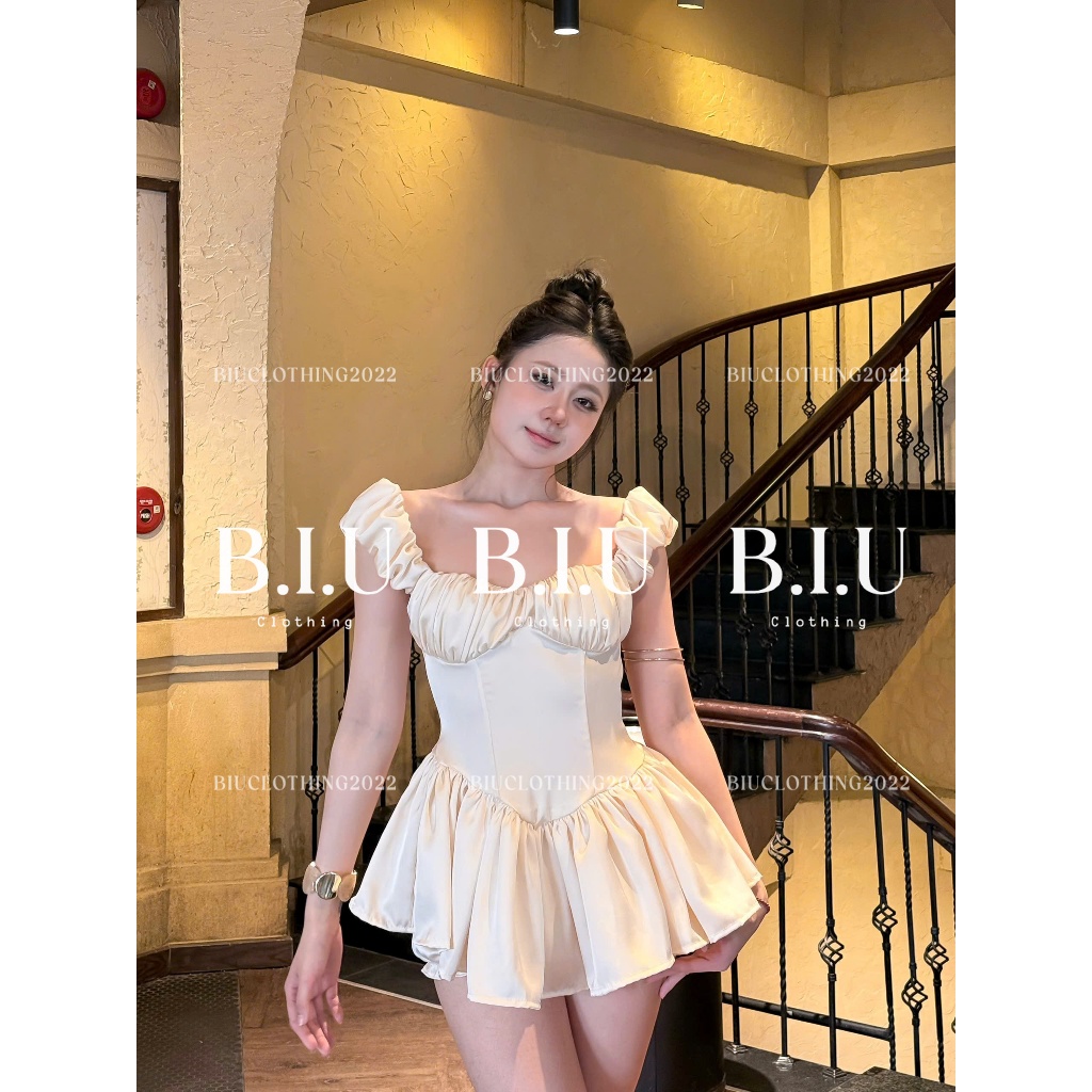 Set áo trễ vai lụa kiểu nhún tà xòe và quần bí sexy hack dáng mát mẻ Lady Set Biu Clothing BB0563 | BigBuy360 - bigbuy360.vn