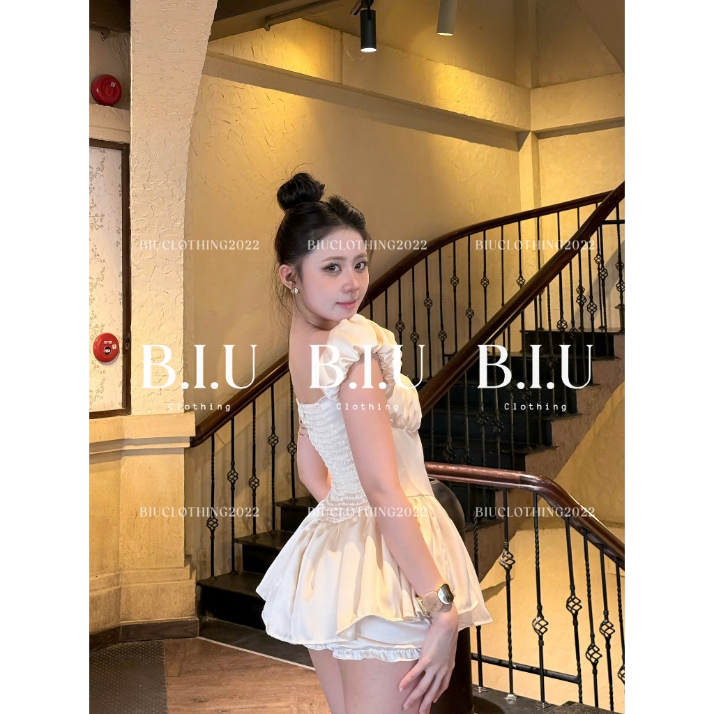 Set áo trễ vai lụa kiểu nhún tà xòe và quần bí sexy hack dáng mát mẻ Lady Set Biu Clothing BB0563 | BigBuy360 - bigbuy360.vn