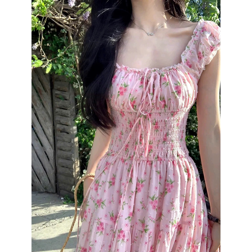 (HÀNG SẴN) Váy Cổ Vuông Hoa Nhí Maxi Chun Ôm Eo Màu Hồng Xòe Dài Ngọt Ngào Điệu Đà Tiểu Thư Mùa Hè Hàng QCCC | BigBuy360 - bigbuy360.vn
