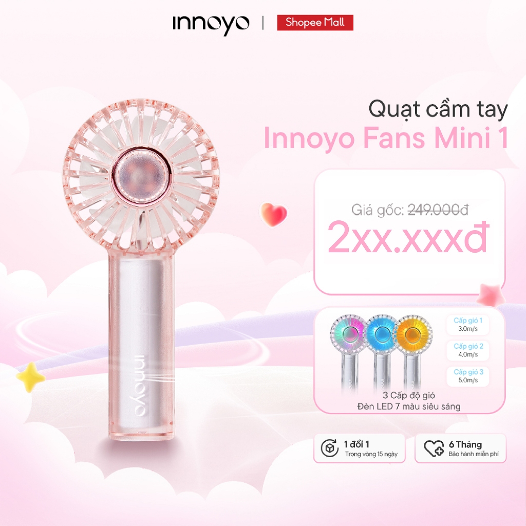 [QUÀ TẶNG KHÔNG BÁN] Quạt cầm tay mini Innoyo - 3 cấp độ gió mạnh mẽ, đèn LED 7 màu siêu sáng
