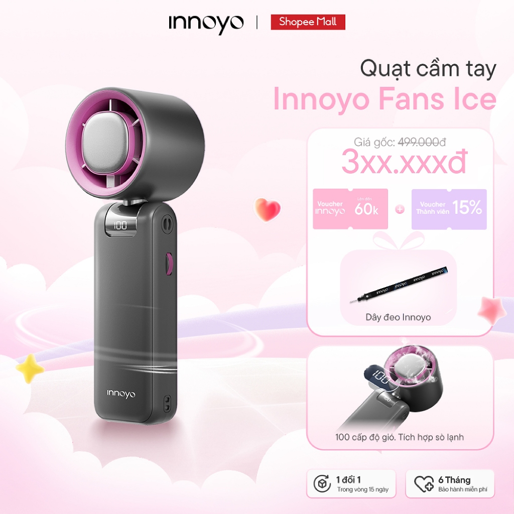 [KOL] Quạt cầm tay Innoyo Fans Ice - 100 cấp độ gió, gập linh hoạt 180 độ, tích hợp sò lạnh - Bảo hà