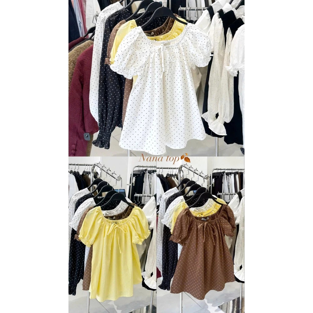 (Hàng Sẵn, L1) Áo babydoll chất thô mềm chấm bi tay chuông dáng xoè Nana Top. | BigBuy360 - bigbuy360.vn