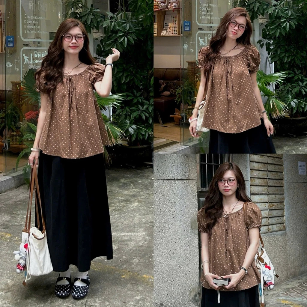 (Hàng Sẵn, L1) Áo babydoll chất thô mềm chấm bi tay chuông dáng xoè Nana Top.