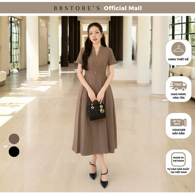 BBSTORE'S Đầm Xòe Công Sở Cotton Dài Cổ V Cao Tay Ngắn Kết Nút Kim Loại - DAE22A