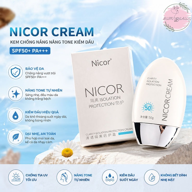 Kem Chống Nắng Nâng Tone NICOR CREAM Kiềm Dầu Mỏng Nhẹ Dưỡng Trắng Da