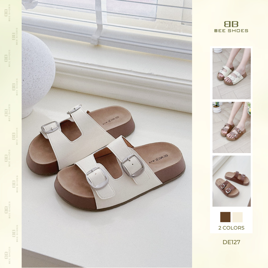 Dép nữ BEESHOES 2 quai ngang, mũi tròn đế bằng cao 3 phân sẵn màu nâu - kem DE127 (Form 1.5)