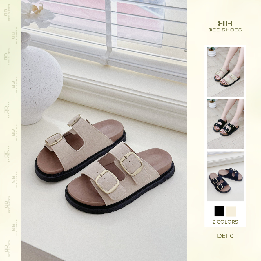 Dép nữ 2 quai ngang BEESHOES da lộn, mũi tròn đế bằng cao 3 phân sẵn màu kem - đen DE110