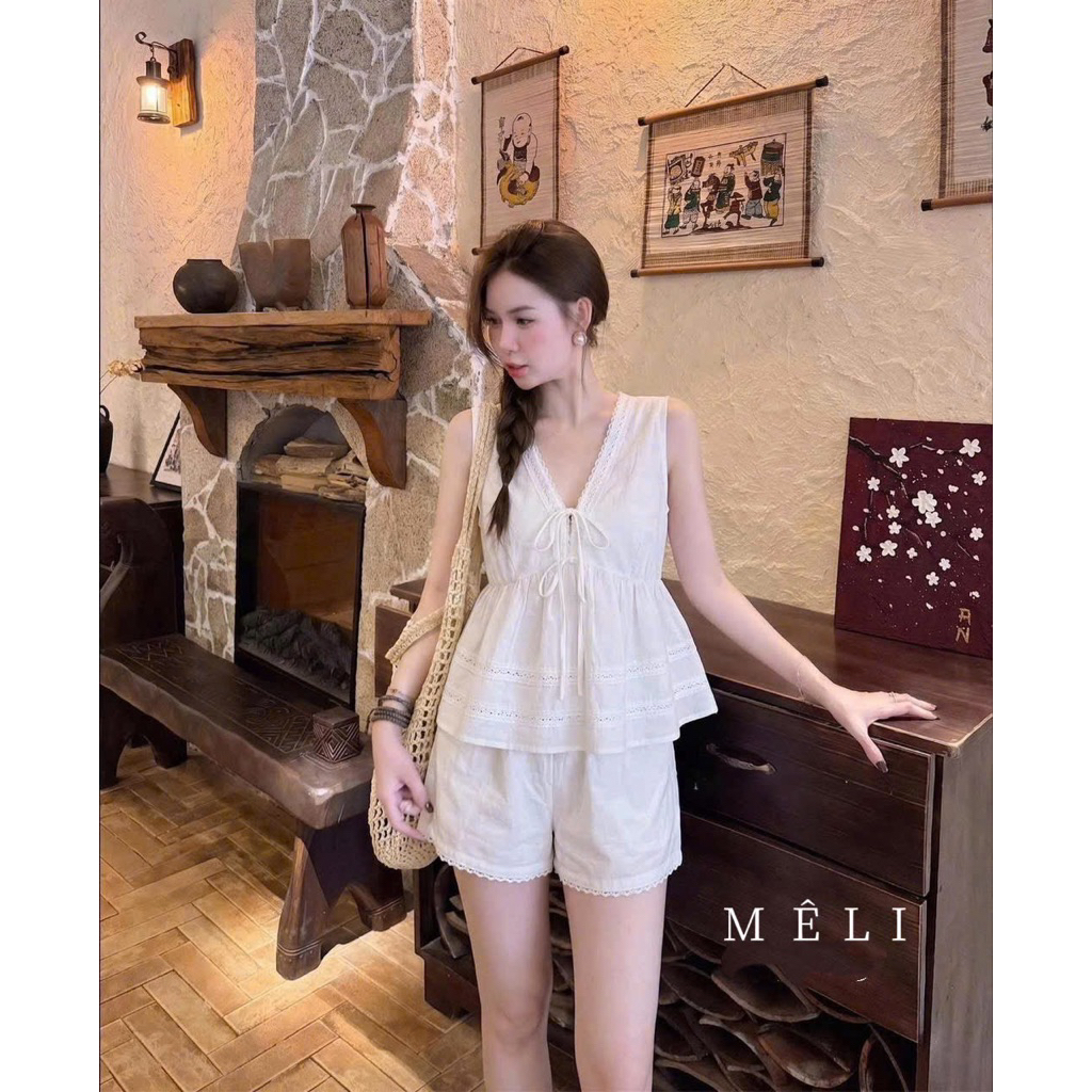 Set Áo Phối Bèo Mix Quần Sooc Siêu Xinh Cho Nữ Dễ Mặc đi chơi đi hẹn hò du lich