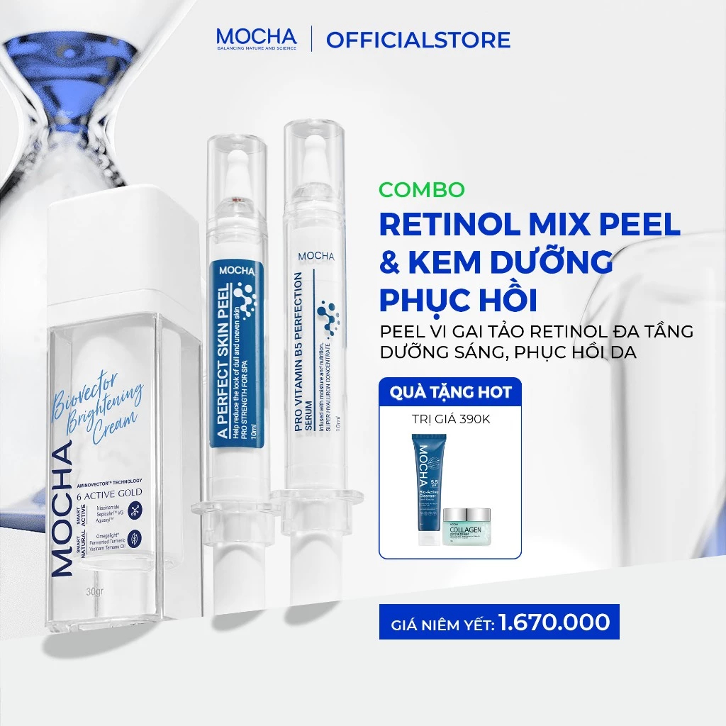 [MOCHA] - Combo Phục hồi chuyên sâu sáng da gồm: Peel Da Mocha + Kem Dưỡng Biovector 6 Active (Mua 2