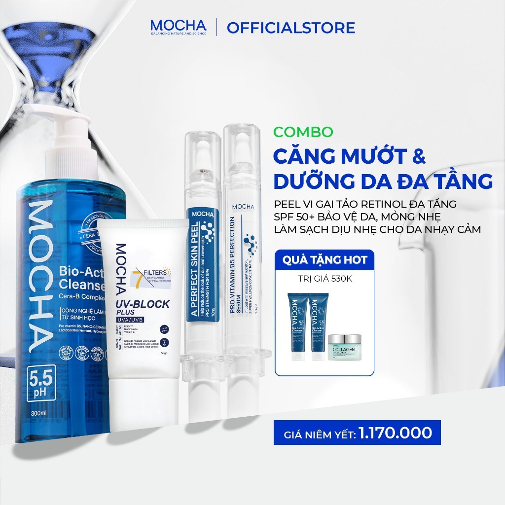 [MOCHA] - Combo Peel Da Mocha + Sữa Rửa Mặt Bio Active + Kem Chống Nắng