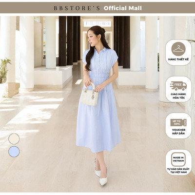BBSTORE'S Đầm Xòe Công Sở Kaki Dài Cổ Sơ Mi Nhún Thun Eo Dáng Xòe - DAE23T