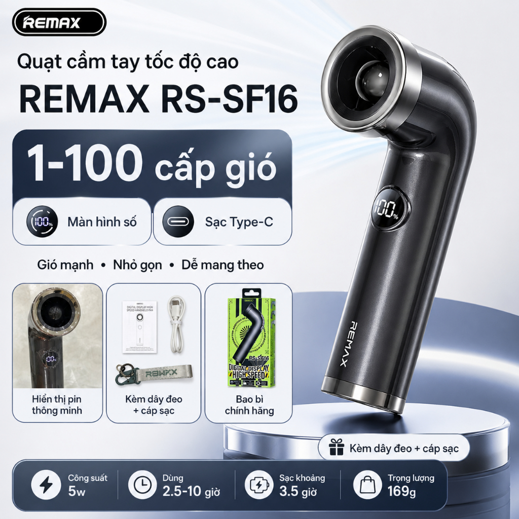 Quạt cầm tay mini REMAX RS-SF16 siêu tốc độ 100 cấp gió, Động cơ không chổi than, Pin 3000mAh