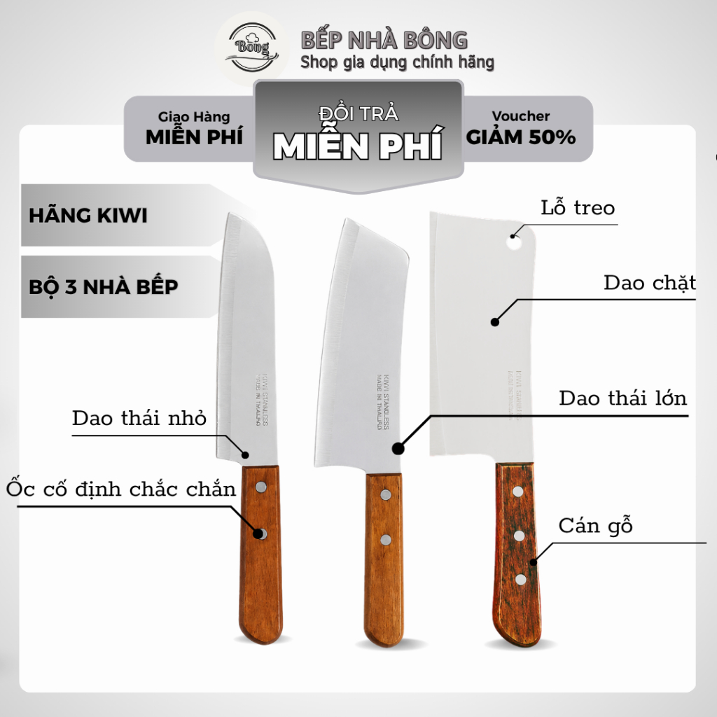 Combo 3 Dao Nhà Bếp Tiện Dụng Kiwi, Dao Chặt, Dao Thái Thịt