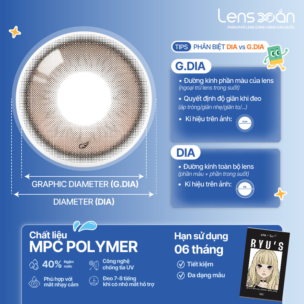 Kính áp tròng cận KIVR X RYU 6 tháng LENS XOẮN lens giãn tròng 14.5 nâu trong suốt và xanh sáng có viền OLOLA RYU'S | BigBuy360 - bigbuy360.vn
