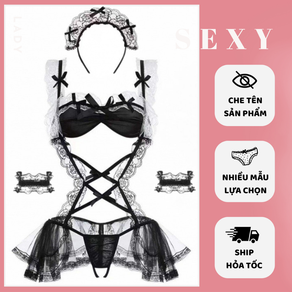 Đồ Ngủ Nữ Cosplay Hầu Gái JS01 - Ren Sexy Lưới Xuyên Thấu, Dây Bó Tôn Đường Cong