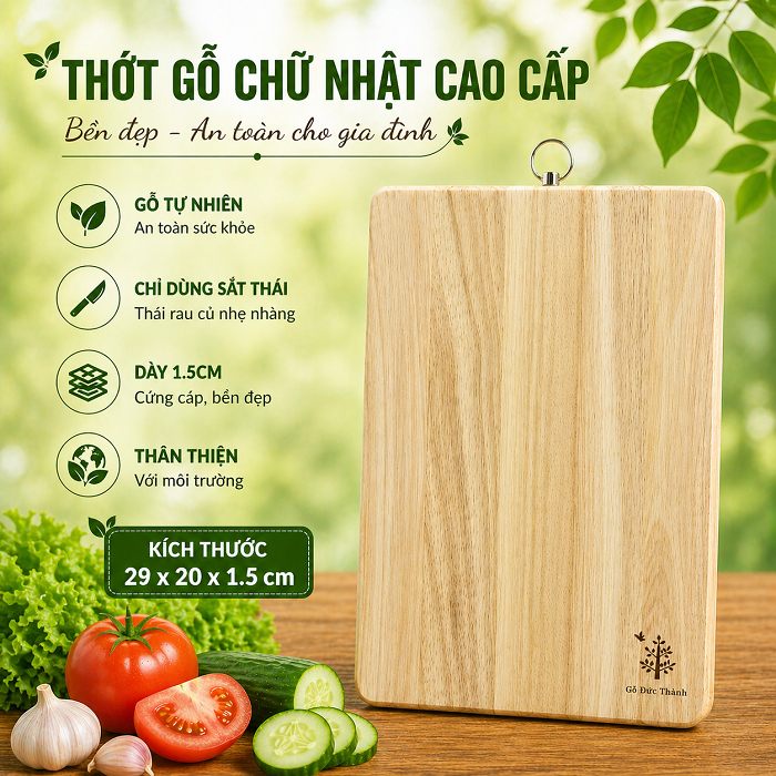 Thớt Gỗ Chữ Nhật Đức Thành Có Khoen Treo Inox, Thớt Chữ Nhật Decore, Thớt Sạch Cho Mọi Gia Đình