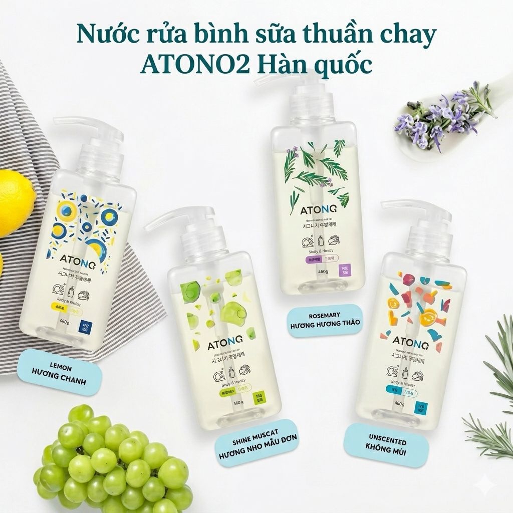 Nước rửa bình sữa rau củ quả thuần chay cho bé ATONO2 Hàn Quốc - Chai 500ml/ Túi 400ml