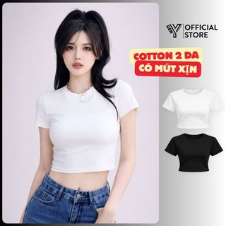 Áo croptop nữ GenY ngắn tay cổ tròn ôm body chất vải cotton 2 da dày dặn co giãn mặc thoải mái C38