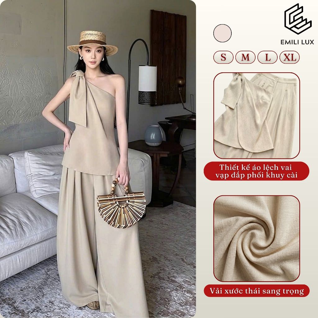 Set áo lệch vai sang chảnh phối quần ống rộng EMILI DESIGN dáng suông thanh lịch đi chơi [B192]