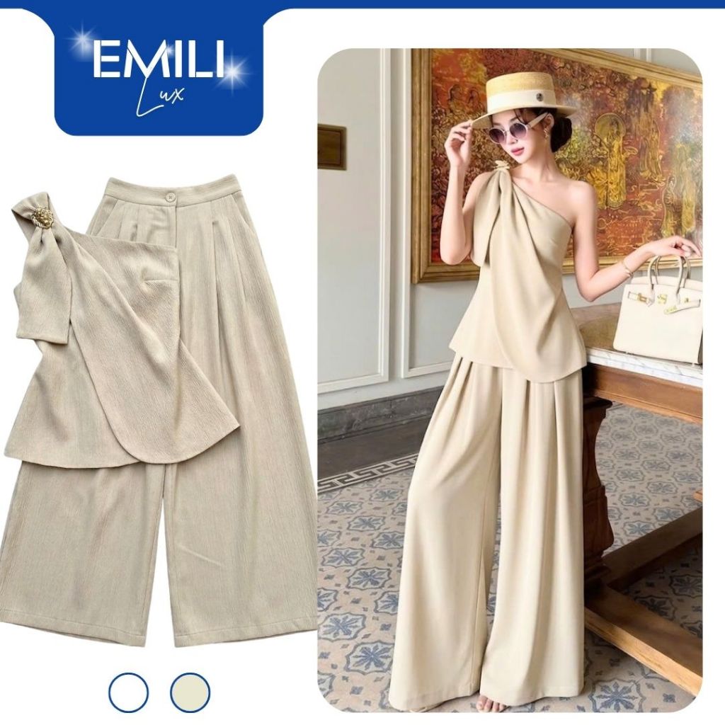 Set bộ sang chảnh áo lệch vai 2 tà phối quần ống rộng Emili Lux đi chơi, đi biển thanh lịch B192