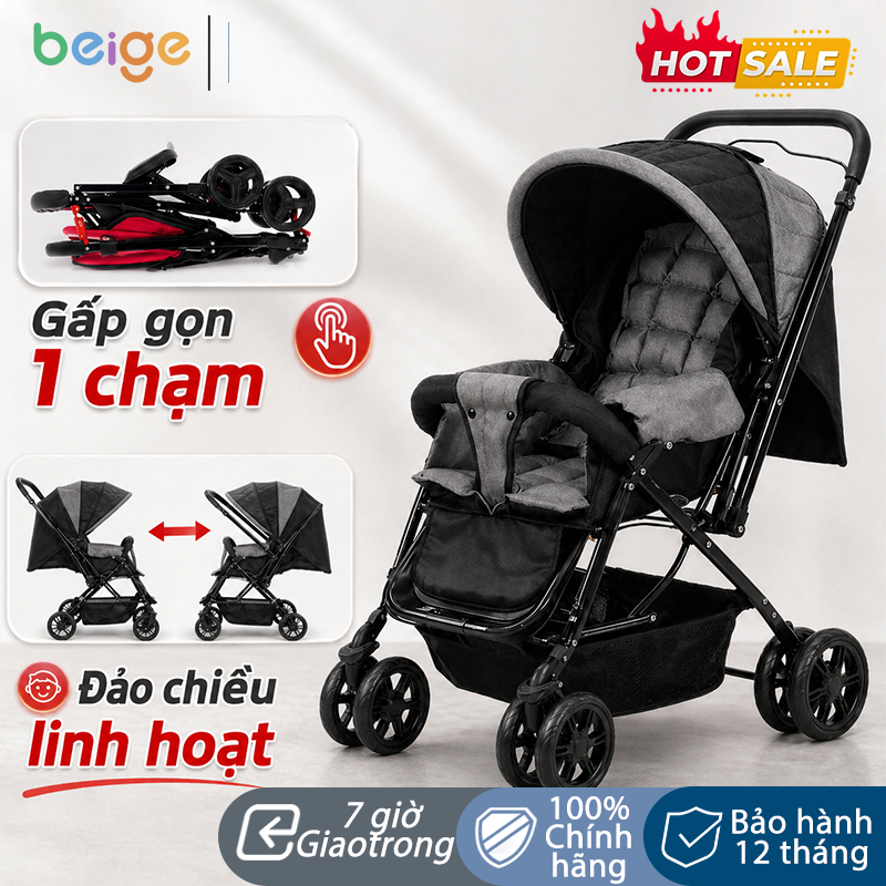 xe đẩy gấp gọn cho bé Beige Có thể đặt ở phía trước xe máy/xe đạp điện,Đẩy được 2 chiều