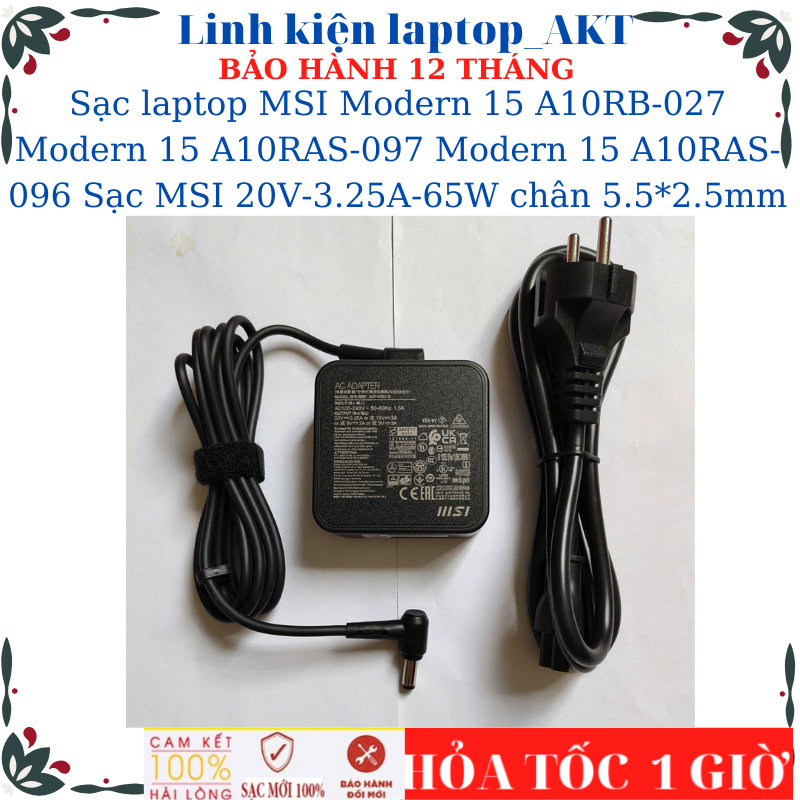 Sạc laptop MSI Modern 15 A10RB-027 Modern 15 A10RAS-097 Modern 15 A10RAS-096 Sạc MSI 20V-3.25A-65W c