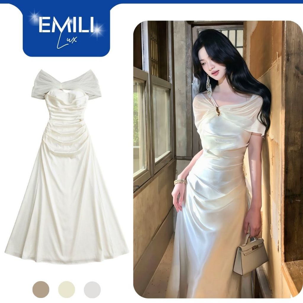 Váy lụa ôm body phối choàng tơ ánh Emili Lux chiết eo sang trọng phong cách tiểu thư cao cấp V572