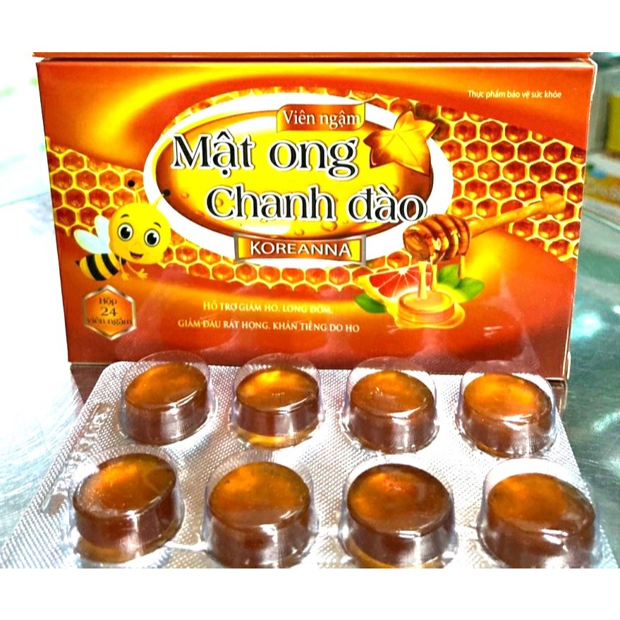 Viên ngậm Mật ong chanh đào  giảm ho, giảm đau rát cổ họng, bị khản tiếng hộp 24 viên NOi