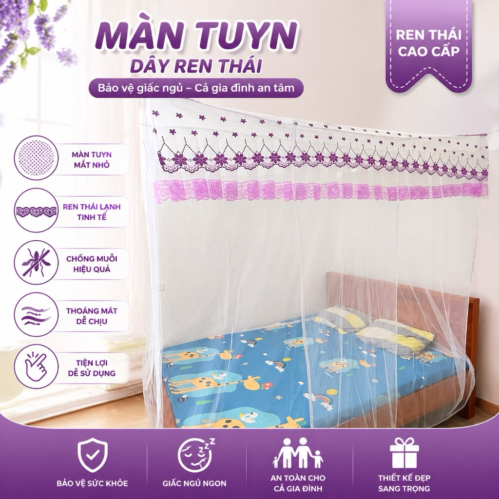 Màn tuyn lanh Thái dây mắc 4 góc chống muỗi cho người lớn, mùng thái lạnh ren hoa