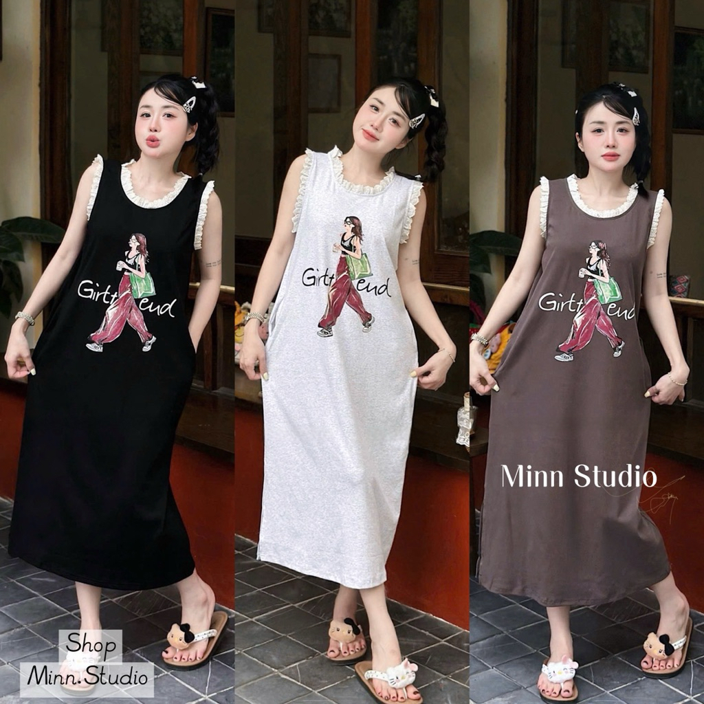 [Minn.studio] Váy Cotton Suông Sát Nách Viền Ren In Hoạ Tiết .Chất Mỏng Nhẹ, Mát