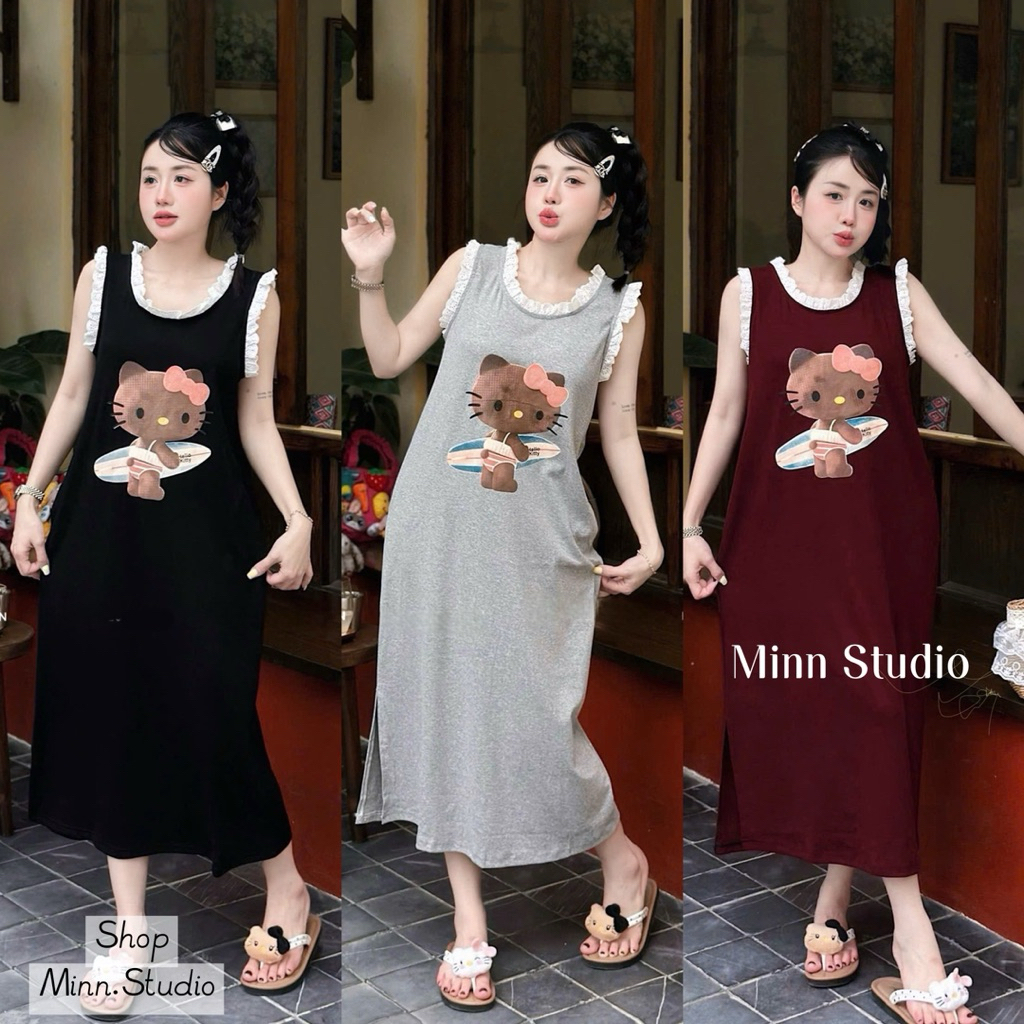 [Minn.studio] Váy Cotton Suông Sát Nách Viền Ren In Kitty .Chất Mỏng Nhẹ, Mát