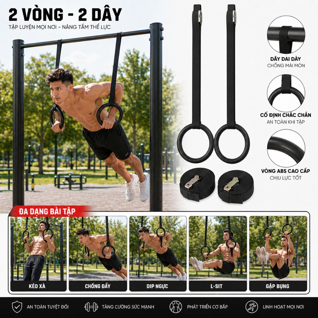 Bộ Vòng Treo Gymnastic Rings Tập Calisthenics – Xà Vòng Hỗ Trợ Dip, Pull Up, Bodyweight (1 Đôi)
