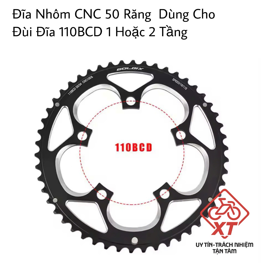 Đĩa xích xe đạp 110BCD 50 răng, Đĩa xích xe đạp bằng nhôm xiêu nhẹ, Đĩa rời nhôm xe đạp GOLDIX BCD 1