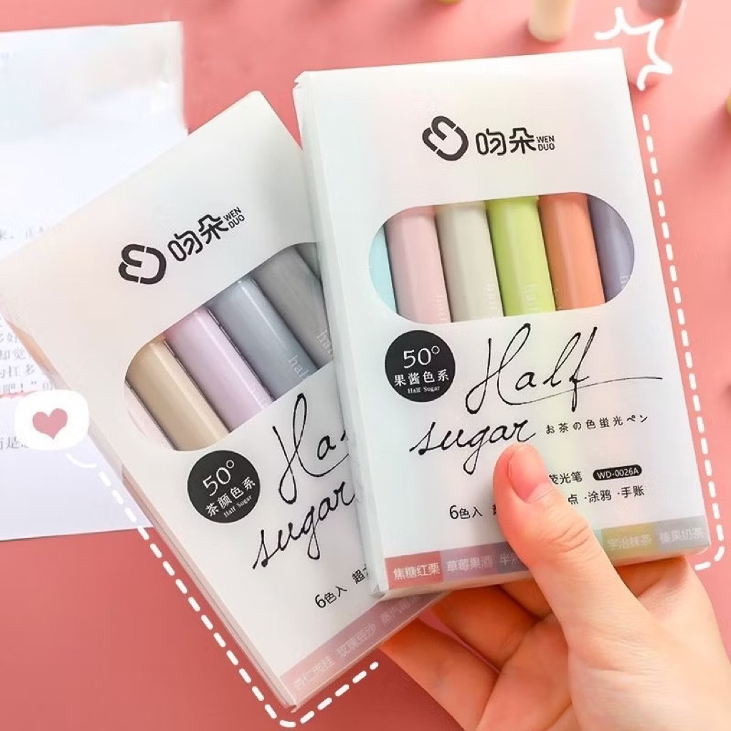 Set 6 bút dạ quang, bút đánh dấu, bút highlight HALF SUGAR màu sắc dịu nhẹ dễ thương, quà tặng học s