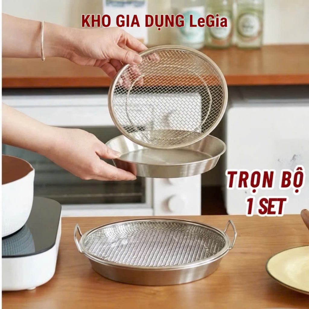 Set Khay Kèm Đĩa, Vỉ Lưới Lọc Dầu Chất Liệu INOX 304 Cao Cấp, Đựng Ráo Dầu Thức Ăn Chiên Rán Lọc Dầu Rất Tiện Lợi